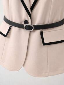 Formidée Plus Size Women Spring/Summer Contrast Trim Blazer Vest + High Waist Pleated Skirt Set, Premium Commuter Elegant Two Pieces Outfit - Multicolor - View 6