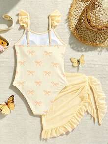 SHEIN Tween Girls Cute Bow Tie Print Shoulder Strap Floral Trim One-Piece Swimsuit With Ruffle Skirt, Suitable For Swimming, Vacation, Summer Beach - Yellow - View 2