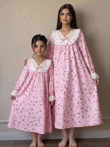 女童寬鬆休閒蕾絲拼接碎花居家服 - 淺粉色 - 查看 8
