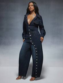 Denimoi Women's Fashion Button Curved Leg Denim Jumpsuit, Chic Streetwear, Fall, Winter - Dark Wash - View 4