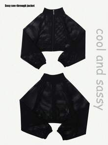 SHEIN Sports Cazadora deportiva con cremallera crop de malla - Negro - Ver 3