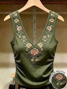SHEIN Franclia 夏季休閒花卉印花背心 - 軍綠色 - 查看 5