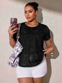 SHEIN Rhythm Era Kaos Tank Top Olahraga Yoga Gym Tanpa Lengan Ukuran Plus Wanita dengan Panel Belakang Jala dan Leher V Terbalik - Hitam - View 7