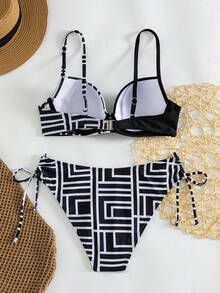 Swim Lushoire 女款夏季海灘幾何印花細肩帶性感比基尼三角褲兩件式泳衣套裝 - 彩色 - 查看 2
