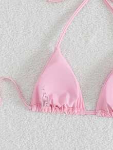 Elavelle Women's Solid Color Halter Neck Tie Front Sexy Bikini Top For Summer Beach Vacation - Baby Pink - View 7