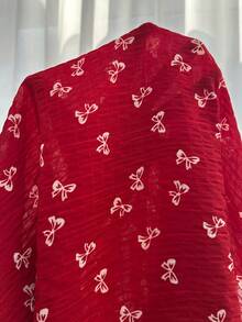 CottageSlumber Conjunto de pijama de talla grande con top de manga abullonada con cuello con volantes, decoración con lazo y borlas, y pantalones - Rojo - Ver 8