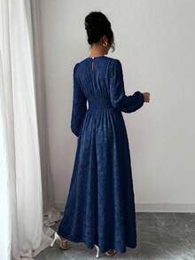 Modelyn 女款夏季雪紡蝴蝶印花抓皺圓領長袖洋裝 - 藍色 - 查看 2