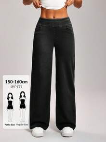 SHEIN PETITE Celana Jeans Wanita Kasual Model Lurus Longgar dengan Motif Cuci, Ukuran Petite Wanita - Grey - View 1