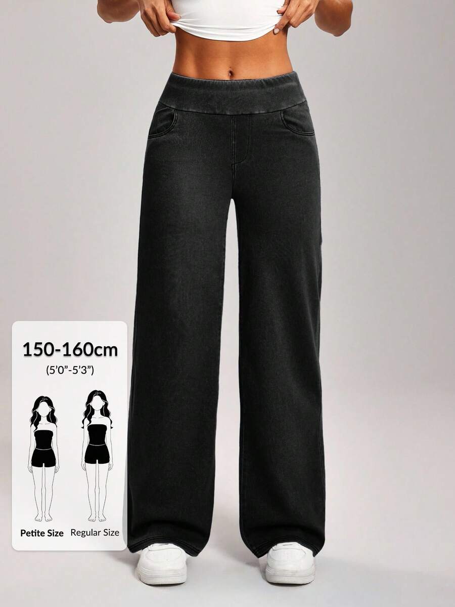 SHEIN PETITE Celana Jeans Wanita Kasual Model Lurus Longgar dengan Motif Cuci, Ukuran Petite Wanita - Grey - View 1