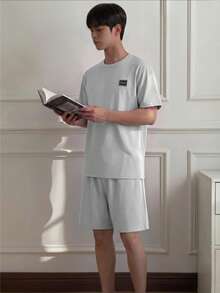 Napfluff Minimalist Solid Color Short Sleeve & Shorts Pajama Set, Men's Simple Comfortable Home Wear 2-Piece Set - Grey - View 4