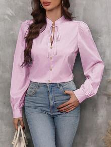SHEIN LUNE Striped Print Tie Neck Lantern Sleeve Blouse - Berwarna merah muda - View 7