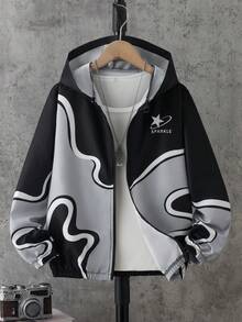 SHEIN 大童男孩字母與星星印花拼色長袖拉鍊連帽外套 - 黑色 - 查看 1