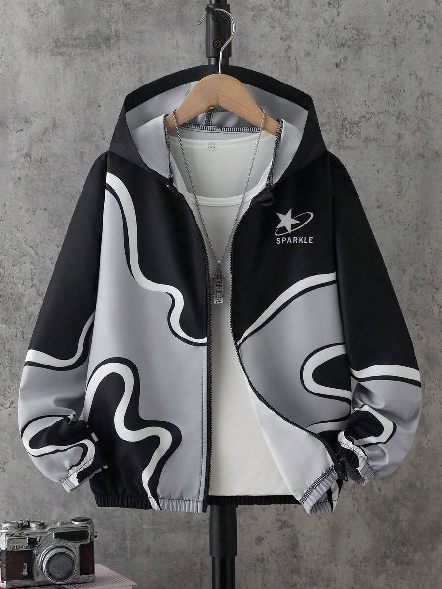 SHEIN 大童男孩字母與星星印花拼色長袖拉鍊連帽外套 - 黑色 - 查看 1