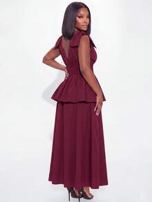 SHEIN LUNE Plus-Size Elegant Dress, V-Neck, Stretchy Waist, Multi-Layered Long Dress, Perfect For Parties And D - Burgundy - View 2