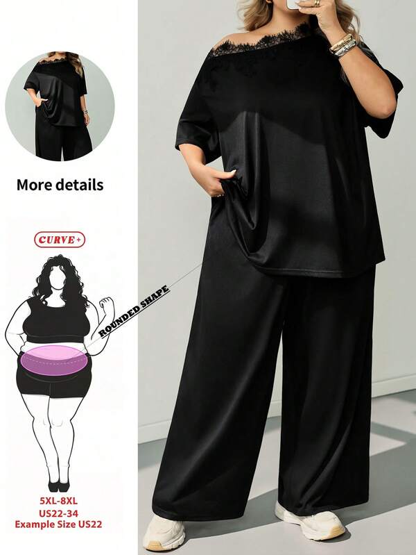 SHEIN CURVE+ Women's Plus Size Minimalist Basic Comfortable Off-Shoulder Two Pieces Set For Outdoor Sports