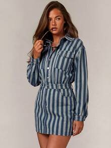 Athîral Denim 女款藍色條紋休閒街頭風牛仔洋裝，適合秋季日常穿著、夜晚外訪，可搭配靴子，商務休閒、辦公休閒風 - 藍色 - 查看 3