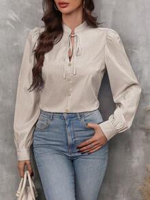 SHEIN LUNE 女士竖条纹印花泡泡袖衬衫、长袖上衣 - 卡其色 - 查看 6