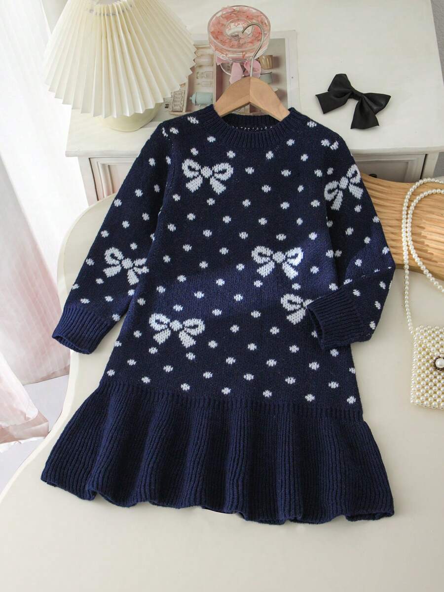 SHEIN Girls' New Fashion Versatile Long Sleeve Round Neck Dress With Cute Bow Pattern, Suitable For Daily Wear - Multicolor - View 1