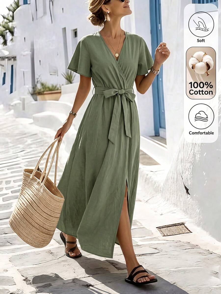 Louniche Women's Solid Color Casual Tropical Vacation Comfortable Dress, Spring/Summer Overlap V-Neck Ruffle Sleeve, Waist Tie Hem Slit Brunch Sage Green - Army Green - View 1
