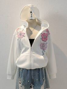 Fall Winter Girls' Floral Print Hooded Zip-Up Jacket - Colorblock Letter Print Street Style Back To School Warm Knit Fabric Suitable For Fall Winter S - Multicolor - View 6