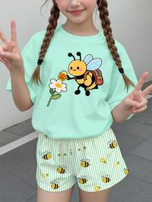 青少年女孩休閒簡約卡通圖案短袖T恤與短褲兩件套，適合夏季 - 彩色 - 查看 2