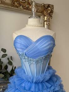 Lovelzi Elegant Princess Blue Satin Sweetheart Strapless Lace Applique Embroidered Corset Boned Tiered Ruffle Tulle Mini A-Line Dress Prom Homecoming Party - Baby Blue - View 6