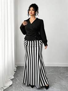 Elenzga Fashion Casual French Vintage Elegant Slimming Leopard Print Fishtail Skirt 2 Pieces Set Fall - Black - View 3