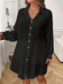 INAWLY Plus Size Casual Solid Color Button Front Shirt Fall Cloth For Women - Black - View 5