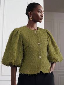 SHEIN Zanirela Women's Olive Green Puff Sleeve Cover Up, Textured Jacquard Fabric Open Front Top, Spring/Summer Elegant Loose Round Neck Top, Beach Dinner Office - Green - View 5