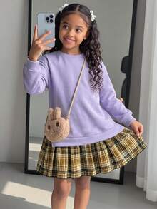 Elladie kids 女童休閒 2 合 1 拼接設計衛衣，適合日常穿著 - 紫色 - 查看 1