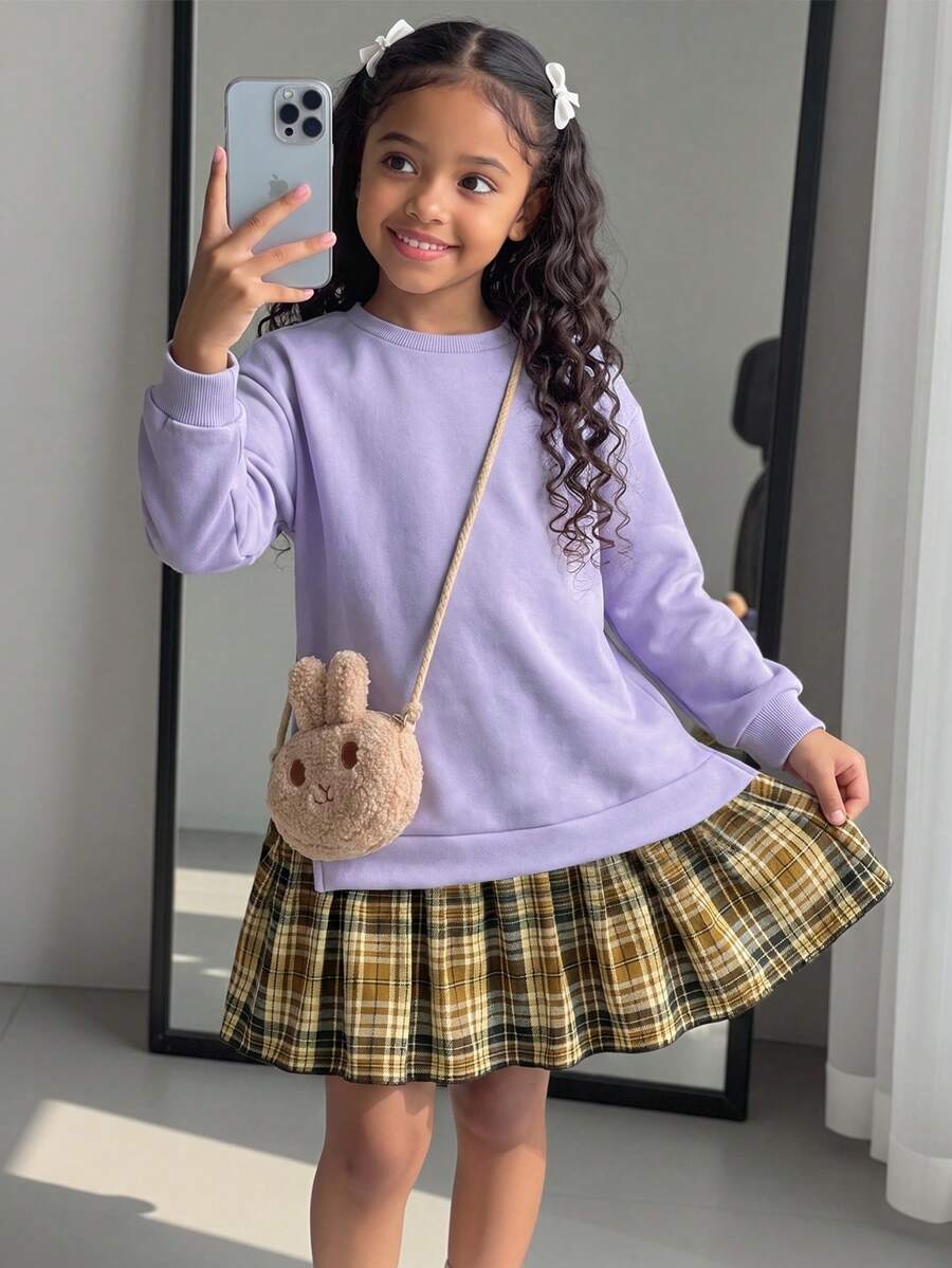 Elladie kids 女童休閒 2 合 1 拼接設計衛衣,適合日常穿著 - 紫色 - 查看 1