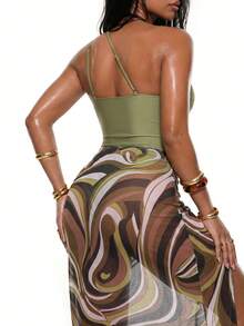 Oceva Women's Solid Color One-Shoulder One-Piece Swimsuit With All-Over Print Cover-Up Skirt Set Beach Party Vacation Olive Green Summer Sexy Tropical - Multicolor - View 2