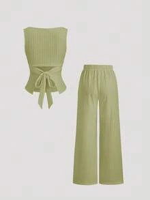 Sweetra Spring/Summer New Boat Neck Pleated Flared Sleeve Top T-Shirt And Flared Pants 2 Pieces Set, Suitable For Commuting, Outing, All-Match Versatile - Olive Green - View 2
