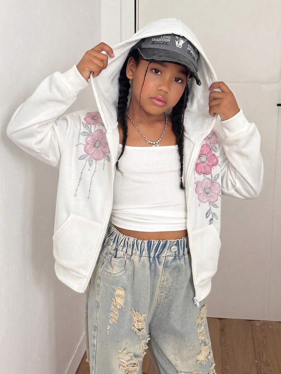 Fall Winter Girls' Floral Print Hooded Zip-Up Jacket - Colorblock Letter Print Street Style Back To School Warm Knit Fabric Suitable For Fall Winter S - Multicolor - View 1