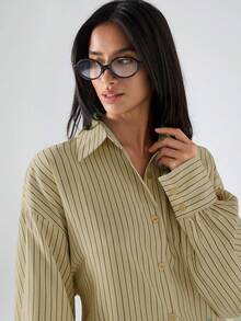 LYSMO 女款條紋落肩長袖後結休閒襯衫 - 薄荷綠 - 查看 7
