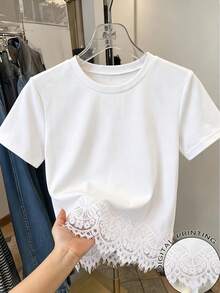 女童珠飾蝴蝶結刺繡圓領短袖休閒標準尺寸T恤 - 白色 - 查看 3