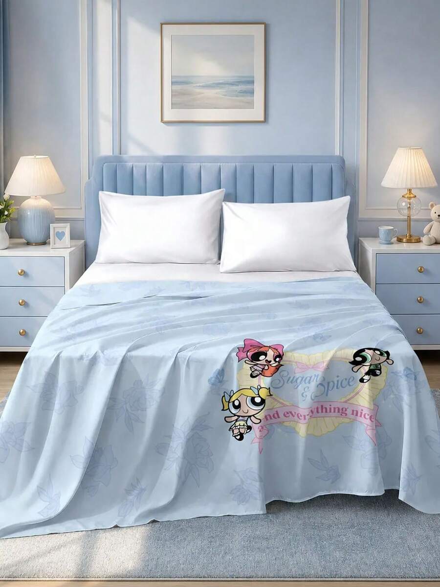 THE POWERPUFF GIRLS X Joivida 印花床單 1 件裝 100% 聚酯纖維 舒適透氣裝飾性寢具 適用於宿舍臥室 - 彩色 - 查看 1