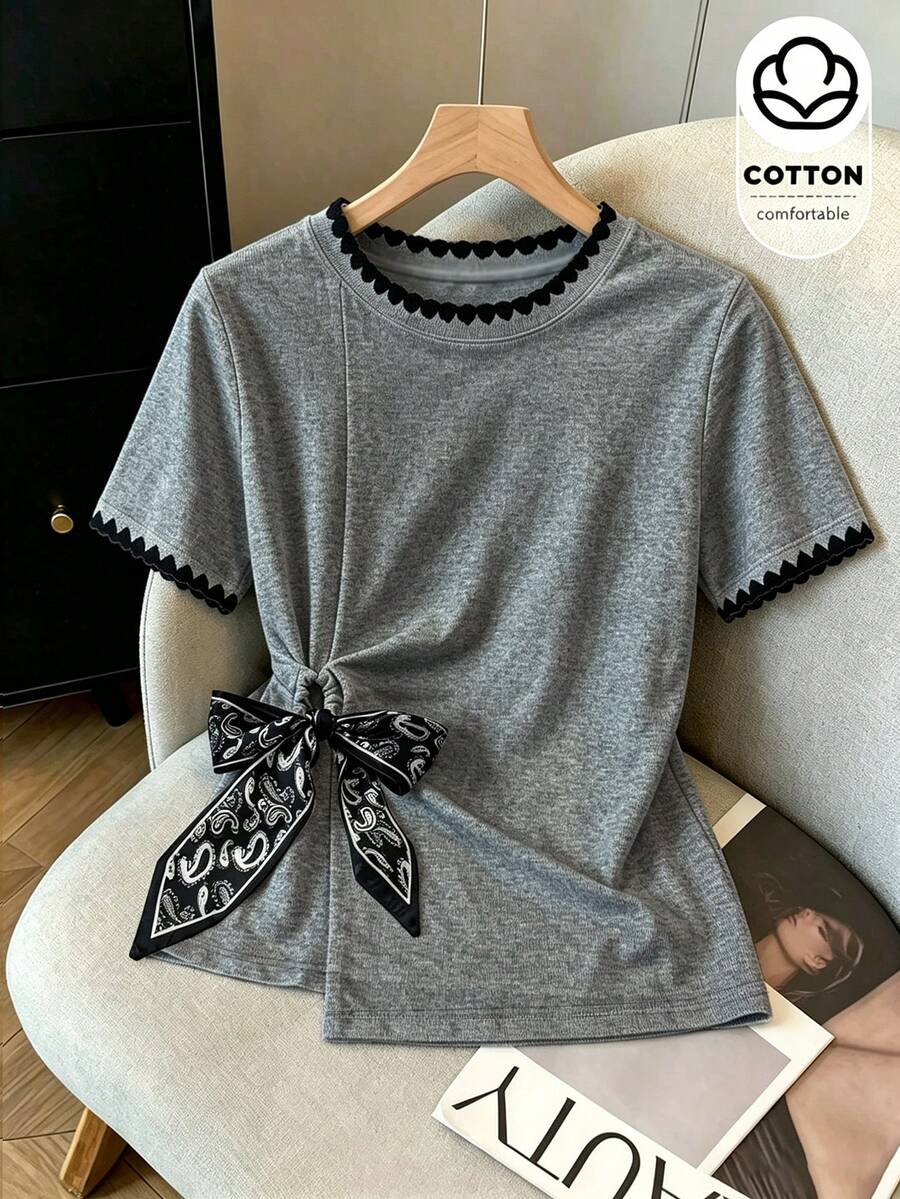 Franclia Women's Summer Casual Tie-Front Short Sleeve T-Shirt - Grey - View 1