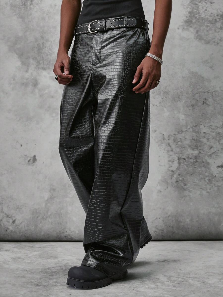STYNVO Men's Fashion Commuter Crocodile Pattern PU Long Pants - Black - View 1