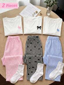 Teen Girls White Round Neck Short Sleeve Loose Top With Black Bow Print On Chest, Paired With Bubble Crepe BOW Plaid Pattern Woven Fabric, - Black - View 3