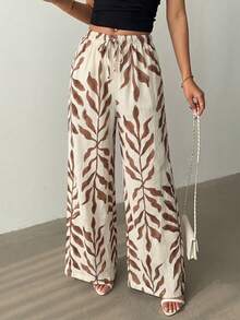 Rafferiza Black And White Herringbone Pattern Elastic Cinched Waist-Up Women's Casual Wide Leg Long Pants - Multicolor - View 3