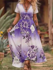 SHEIN Regular Women's Niche Design Short Sleeve Mid-Length Dress, Deep V-Neckline Design, 3D Floral Effect Fabric, Rendered Floral, Colorful Floral, Fitted Slim Top, Loose A-Line Umbrella Skirt Silhouette, Fashionable Elegant, Comfortable Casual, Casual Vacation, Suitable For Dates, Friends Gatherings, Family Meetings, Fashionable Casual - Multicolor - View 7