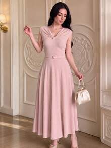 Modelyn Women's Dress, Elegant Twist Front High Waist A Line Textured Fabric Midi Pink Dress For Women Wedding Guest Party Going Out Graduation All Season - Pink - View 2