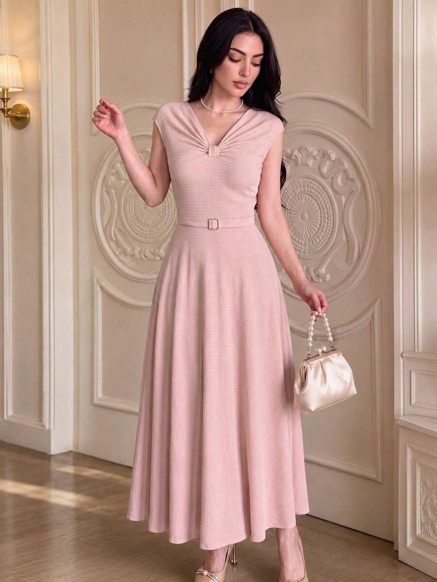 Modelyn Women's Dress, Elegant Twist Front High Waist A Line Textured Fabric Midi Pink Dress For Women Wedding Guest Party Going Out Graduation All Season