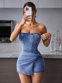 SHEIN PETITE 女款牛仔連身裙，抽褶不對稱下擺，時尚度假旅行風，適合小個女生 - 藍色 - 查看 3