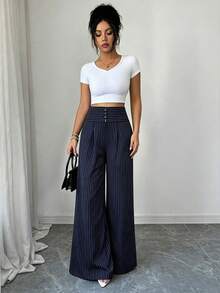 Flora Isola Flora Isola Pantalones de traje para mujer de primavera/otoño, pieza única con cintura, múltiples botones, rayas verticales, plisados delanteros, cintura alta, pierna ancha, estilo maduro para oficina y negocios - Azul Marino - Ver 5