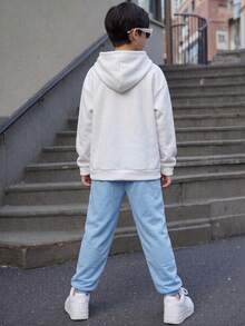 SHEIN 兒童青少年男孩休閒街頭風動物圖案狼圖案酷感連帽衛衣與藍色運動長褲套裝，適合通勤、上學、日常休閒外出、運動，秋冬款 - 藍色 - 查看 3