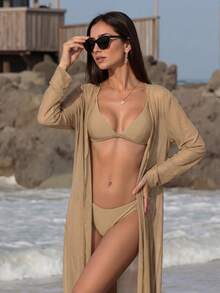 Swim Vcay 女士时尚多功能长袖薄纱和服罩衫 - 卡其色 - 查看 1