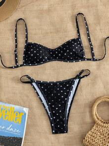 Sunnyshic Women's Spring/Summer Beach Music Festival Polka Dot Lace Sexy Backless Spaghetti Strap Fashion Bikini Set - Multicolor - View 5
