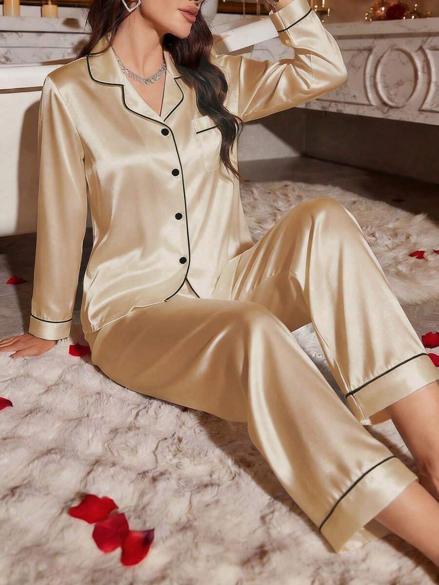 LuxeNights Contrast Binding Satin Pyjama Set - Champagne - View 1